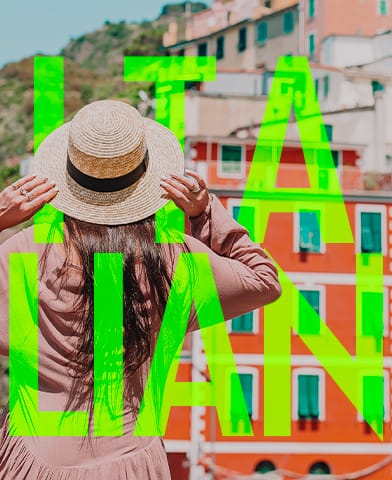 The word "Italian" in green over a person with a hat.